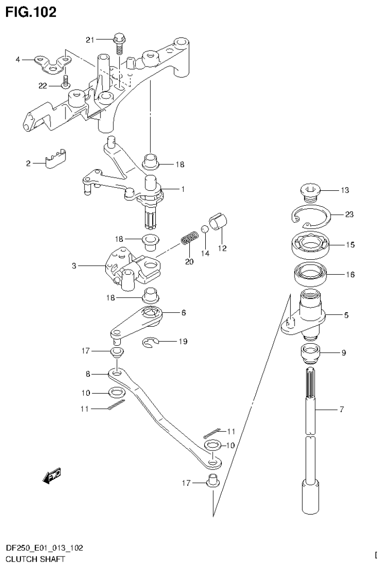 Suzuki DF200T, DF200Z, DF225T, DF225Z, DF250T, DF250Z CLUTCH SHAFT (DF225Z E40) parts diagram